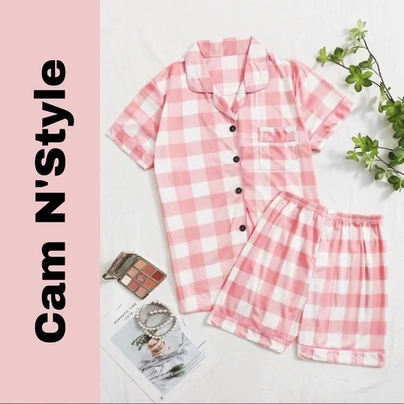 New White & Red Plaid Shorts Pajama Set - Picture 1 of 5